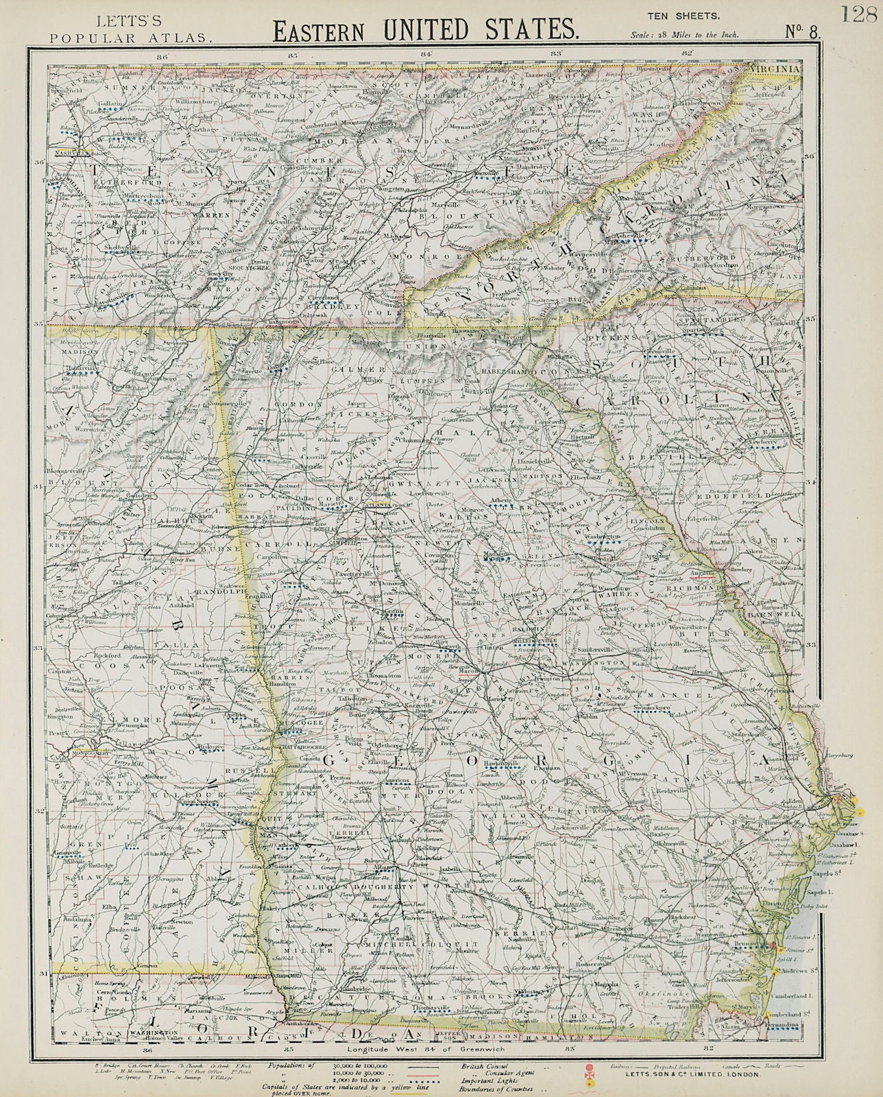 GEORGIA & Southern Appalachia. Alabama Tennessee NC SC Railroads. LETTS 1884 map